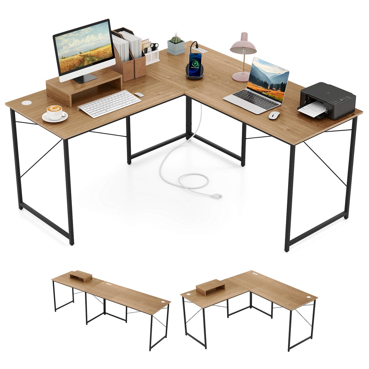 Costway L-Shaped Reversible Computer Desk 2-Person Long Table w/Monitor Stand